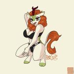 5_fingers anthro autumn_blaze_(mlp) big_breasts black_clothing blush breasts cleavage clothed clothing crouching dragon equid equine female fingers fizzle_soda friendship_is_magic green_hooves hair hasbro hi_res hooves kirin long_hair looking_at_viewer mammal my_little_pony mythological_creature mythological_scalie mythology open_mouth open_smile orange_hair raised_arm scalie simple_background smile snout solo text tongue tongue_out yellow_background yellow_eyes