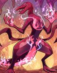  artist_name cave commentary fire from_below hands_up long_tail open_mouth pink_eyes pokemon pokemon_(creature) reptile salazzle sifyro signature standing tail tongue 