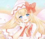  1girl blonde_hair blue_eyes bow bowtie cape capelet commentary dress fairy fairy_wings falling_petals hat hat_bow light_blush lily_white long_hair looking_at_viewer marker_(medium) open_mouth petals pink_cape pink_hat pink_petals red_bow red_bowtie smile solo touhou traditional_media very_long_hair wings yuuki_hana_(jtnp5334) 