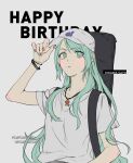  1girl absurdres bang_dream! baseball_cap bracelet character_name commentary english_commentary expressionless green_eyes green_hair green_nails grey_background guitar_case happy_birthday hat highres hikawa_sayo instrument_case instrument_on_back jewelry looking_at_viewer necklace pink_nails rekari_(rekari628) shirt short_sleeves solo upper_body white_hat white_shirt 
