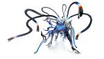  absurdres blue_hair creature full_body highres hooves kamikiririp mechanic mechanical_parts no_humans open_mouth original robot shadow solo white_background wire 