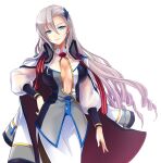  1girl asymmetrical_bangs blue_eyes breasts center_opening cleavage closed_mouth coat coat_on_shoulders cowboy_shot freyja_(master_of_eternity) game_cg grey_hair hair_between_eyes hair_ornament hand_on_own_hip large_breasts lips long_hair long_sleeves looking_at_viewer master_of_eternity military_uniform non-web_source official_art open_clothes open_coat red_ribbon ribbon see-through see-through_sleeves simple_background solo transparent_background uniform very_long_hair white_uniform 