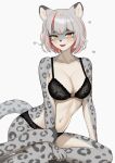  1girl animal_ears animal_print black_bra black_panties bra breasts furry furry_female grey_fur grey_hair highres jeifier_(korfiorano01) large_breasts leopard_ears leopard_girl leopard_print lingerie medium_hair multicolored_fur multicolored_hair navel original panties red_hair solo stomach tail underwear yellow_eyes 