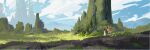  1girl bag black_hair cloud coat commentary day dodrio grass moss nature obane_(desert00) outdoors pokemon pokemon_(creature) scenery short_hair sky standing white_coat 