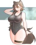  1girl alternate_costume animal_ear_fluff animal_ears arknights arm_up asymmetrical_bangs bare_arms black_one-piece_swimsuit blush braid breasts brown_hair collarbone competition_swimsuit covered_navel cowboy_shot cropped_legs earrings english_commentary extra_ears groin hair_behind_ear hair_over_shoulder highres jewelry large_breasts long_hair looking_at_viewer mole_above_eye one-piece_swimsuit open_mouth penance_(arknights) single_braid skindentation solo standing sweat swimsuit tail thick_thighs thigh_strap thighs wolf_ears wolf_girl wolf_tail yellow_eyes yosua_0669 
