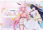  2girls animal_ears bare_shoulders belt bouquet braid breasts cardigan casual closed_mouth copyright_name dress earrings floral_print_dress flower fox_ears hat holding holding_bouquet holding_phone honkai_(series) honkai_impact_3rd jewelry long_hair long_sleeves looking_at_viewer medium_breasts multiple_girls nail_polish official_art open_cardigan open_clothes phone pink_eyes pink_flower pink_hair pink_sweater purple_eyes purple_flower purple_hair red_nails second-party_source shorts smile sun_hat sweater turtleneck turtleneck_sweater very_long_hair white_dress white_shorts yellow_cardigan yellow_flower 