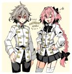  2boys alternate_costume androgynous antenna_hair astolfo_(fate) belt belt_buckle black_bow black_bowtie black_garter_straps black_skirt blush bow bowtie braid buckle chaldea_uniform cropped_legs fang fate/apocrypha fate/grand_order fate_(series) garter_straps grey_hair hair_between_eyes hair_bow hair_intakes hands_on_own_hips haoro jacket lapels long_braid long_hair male_focus multicolored_hair multiple_boys notched_lapels one_eye_closed open_mouth otoko_no_ko parted_lips pink_hair pleated_skirt purple_eyes red_eyes sieg_(fate) simple_background single_braid skin_fang skirt smile star_(symbol) streaked_hair thighhighs two-tone_hair very_long_hair white_belt white_hair white_jacket white_thighhighs wing_collar yellow_background 