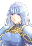  1girl armor blue_armor blue_eyes breastplate closed_mouth grey_hair lenneth_valkyrie long_hair looking_at_viewer shoulder_pads simple_background solo tachibana_mitsuki valkyrie_profile_(series) very_long_hair white_background 
