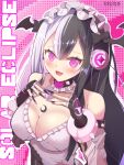  1girl absurdres beatmania_iidx black_bow black_choker black_gloves black_hair black_hairband black_nails black_wings blush bow bracelet breasts character_name choker cleavage cleavage_cutout clothing_cutout commentary_request fingerless_gloves fingernails flower frilled_hairband frills gloves hair_bow hairband head_wings headphones highres igo_(igo150) jewelry large_breasts long_hair looking_at_viewer medium_bangs multicolored_hair open_mouth pink_background pink_eyes pink_flower pink_rose rose sharp_fingernails shirt sidelocks sleeveless sleeveless_shirt smile solar_eclipse_(bemani) solo spiked_bracelet spiked_choker spiked_hairband spikes split-color_hair upper_body very_long_fingernails white_hair white_shirt wings 