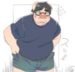 2024 anthro blush bottomwear clothing domestic_pig eyewear glasses inunoshippo kemono male mammal overweight overweight_male shirt shorts simple_background solo suid suina sus_(pig) topwear