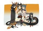  2boys 3girls aged_down arknights bandeau bare_shoulders black_hair black_robe blush border brown_hair character_request check_character chinese_clothes chinese_commentary chong_yue_(arknights) closed_eyes closed_mouth commentary_request dragon_boy dragon_girl dragon_horns dragon_tail dusk_(arknights) expressionless full_body gourd green_eyes green_hair grey_hair grey_jacket grey_shirt grey_shorts hair_over_one_eye hand_on_another&#039;s_head hand_on_another&#039;s_shoulder highres holding holding_gourd horns jacket kneeling ling_(arknights) long_sleeves looking_at_viewer looking_down multicolored_hair multiple_boys multiple_girls nian_(arknights) one_eye_covered open_clothes open_jacket open_mouth orange_eyes pointy_ears purple_eyes red_bandeau red_eyes robe shirt shorts sleeveless sleeveless_shirt sleeves_past_fingers sleeves_past_wrists smile split_mouth standing streaked_hair tail wang_(arknights) white_border white_hair zheliyougui 