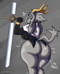 absurd_res anthro antlers big_breasts big_butt bottomless bovid breasts butt caprine clothed clothing female fingerless_armwear fur goat grey_body grey_fur grey_hair hair hi_res holding_object holding_weapon horn huge_butt hybrid jackalope lagomorph looking_at_viewer looking_back looking_back_at_viewer mammal melee_weapon paindemonoidsex pseudoregalia rear_view solo standing sybil_(pseudoregalia) thick_thighs topwear weapon wide_hips