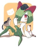  animal_on_head bags_under_eyes black_cat cat cat_on_head colored_skin green_hair hair_over_one_eye highres horns ino_(tellu0120) kirlia multicolored_skin on_head parted_lips pink_eyes pokemon pokemon_(creature) sidelocks simple_background square two-tone_skin white_skin 