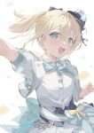  1girl :d aqua_bow aqua_eyes arm_up back_bow blonde_hair blue_bow blurry blush bow breasts commentary_request confetti cropped_jacket cummerbund depth_of_field dress_shirt eyes_visible_through_hair gold_trim hair_between_eyes hair_bow hana_mori hand_out_of_frame hat high_ponytail highres hololive hololive_idol_uniform_(bright) jacket kazama_iroha looking_at_viewer medium_breasts mini_hat mini_top_hat neck_ribbon official_alternate_costume open_clothes open_jacket open_mouth pleated_skirt ponytail puffy_short_sleeves puffy_sleeves ribbon shirt short_sleeves simple_background skirt smile solo star_(symbol) teeth thick_eyelashes top_hat upper_body upper_teeth_only virtual_youtuber white_background white_hat white_jacket white_shirt white_skirt white_wrist_cuffs wrist_cuffs yellow_bow 