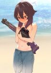  1girl azuse_neko beach black_hair blue_archive blue_male_swimwear blush breasts day gradient_hair gun hair_between_eyes hair_ornament hairclip haruka_(blue_archive) holding holding_gun holding_weapon male_swimwear male_swimwear_challenge multicolored_hair nipples nose_blush outdoors purple_eyes purple_hair short_hair short_hair_with_long_locks shotgun small_breasts solo sweat topless water wavy_mouth weapon 