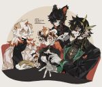  1girl 3boys aak_(arknights) ace_(playing_card) ace_of_diamonds animal_ear_piercing arknights black_coat black_shirt card cat_boy china_dress chinese_clothes coat confetti diamond_(shape) dog_boy dragon_boy dress fang flower furry furry_female furry_male gloves grey_background grin hair_between_eyes holding holding_card holding_flower hung_(arknights) jacket lee_(arknights) multiple_boys open_mouth orange_eyes playing_card red_flower shirt sirakaro slit_pupils smile tiger_girl waai_fu_(arknights) white_gloves white_jacket 