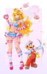  1boy 1girl blonde_hair blue_bra blue_eyes blue_skirt bow_(weapon) box bra breasts brown_hair earrings facial_hair gloves hat heart-shaped_box high_heels highres jewelry kirby kirby_(series) long_hair mario mario_(series) medium_breasts midriff mushroommirror mustache navel nintendo overalls pink_footwear princess_peach red_overalls skirt smile stomach thighhighs underwear weapon white_hat 