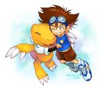  1boy agumon blue_shirt brown_eyes brown_hair brown_shorts claws closed_eyes dated digimon digimon_(creature) fon-due_(fonfon) full_body gloves goggles goggles_on_head grin hair_between_eyes male_focus nostrils one_eye_closed open_mouth sharp_teeth shirt shoes shorts signature smile sneakers t-shirt teeth white_gloves yagami_taichi 