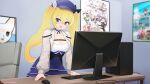  1girl :d artist_name blonde_hair blue_dress blue_hat blurry blurry_background blush breasts chair cleavage computer computer_tower cowboy_shot dokibird_(vtuber) dress eroneko_senpai green_eyes grey_jacket highres indie_virtual_youtuber indoors jacket keyboard_(computer) long_hair long_sleeves medium_breasts monitor mouse_(computer) open_clothes open_jacket poster_(object) second-party_source shirt smile solo standing table twintails underbust virtual_youtuber white_shirt 