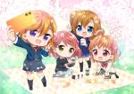  4girls :3 ankle_socks arm_up black_jacket black_socks blazer blue_bow blue_bowtie blue_eyes blue_jacket blue_skirt blurry bokeh bow bowtie braid brown_hair buttons cherry_blossoms chibi chibi_only chips_(food) clover_hair_ornament coffee_cup collared_shirt commentary_request cup depth_of_field diagonal-striped_bow diagonal-striped_bowtie diagonal-striped_clothes disposable_cup double-breasted dress falling_petals food foreshortening frappuccino grass green_eyes grey_dress grey_skirt grey_socks hair_between_eyes hair_bow hair_ornament hanami hand_rest holding holding_cup holding_phone in-franchise_crossover jacket kosaka_honoka long_sleeves love_live! love_live!_nijigasaki_high_school_idol_club love_live!_school_idol_festival_2 love_live!_school_idol_project love_live!_sunshine!! love_live!_superstar!! medium_hair miniskirt multiple_girls neck_ribbon nijigasaki_academy_school_uniform no_shoes on_ground one_side_up onigiri open_clothes open_jacket orange_bow orange_hair otonokizaka_school_uniform petals phone picnic pink_petals plaid plaid_skirt plate pleated_skirt potato_chips purple_eyes red_bow red_bowtie red_eyes red_ribbon ribbon sandwich school_uniform selfie shibuya_kanon shirt short_dress side_braid sitting skirt socks standing striped_clothes takami_chika takamura_masaya trait_connection uehara_ayumu uranohoshi_school_uniform v wariza waving whipped_cream white_shirt white_skirt winter_uniform yellow_bow yuigaoka_school_uniform 