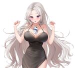  1girl bare_shoulders between_breasts black_dress blush breasts collarbone dress earrings elsynien grey_hair highres jewelry large_breasts lee_rein long_hair mole mole_on_breast mole_on_chest necklace open_mouth pink_nails purple_eyes second-party_source side_slit virtual_youtuber vlyz 