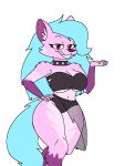 anthro blue_hair breasts canid canine canis clothing collar female hair hannimala mammal pink_body red_eyes simple_background smile solo spiked_collar spikes tail topwear underwear vivi_(vivzlover) white_background wolf