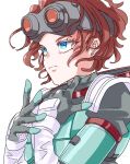  1girl animification apex_legends black_gloves blue_eyes brown_hair floating_hair freckles from_side frown gloves goggles goggles_on_head horizon_(apex_legends) looking_up mononobex solo spacesuit 