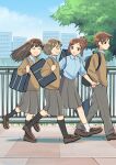  1boy 3girls ^_^ absurdres backpack bag black_socks blue_shirt blue_sky blush brown_cardigan brown_eyes brown_hair cardigan cityscape closed_eyes closed_mouth cloud collared_shirt day full_body hair_ornament hairclip hand_in_pocket highres holding holding_bag kojiro337 long_hair looking_at_another mary_janes multiple_girls open_mouth original outdoors pants pleated_skirt ponytail railing school_bag shirt shoes short_hair shoulder_bag skirt sky smile socks teeth tree walking white_socks 
