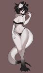 anthro big_breasts black_hair bra breasts canid canine choker claws clothed clothing digitigrade eyelashes female front_view fur hair hi_res jewelry mammal midriff nails necklace red_eyes simple_background siripim111 skimpy solo thong toe_claws underwear white_body white_fur