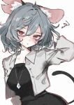  1girl alternate_costume animal_ear_fluff animal_ears arm_behind_head arm_up black_dress commentary_request deal360acv dress grey_hair grey_jacket highres jacket jewelry long_sleeves looking_at_viewer medium_hair mouse_ears mouse_tail nazrin open_clothes open_jacket open_mouth pendant red_eyes simple_background solo squiggle sweatdrop tail touhou upper_body white_background 