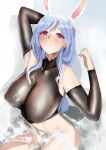  1girl absurdres animal_ear_fluff animal_ears arm_warmers bathtub blue_hair bottomless breasts covered_nipples crop_top highres hololive large_breasts long_hair mature_female multicolored_hair partially_submerged pekomama pupi_(rain_prophet) rabbit_ears rabbit_girl smile virtual_youtuber 