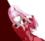  1girl blue_eyes darling_in_the_franxx dress dutch_angle hairband highres horns long_hair looking_to_the_side necktie orange_necktie pink_hair red_background red_dress red_horns short_necktie sokutenkun solo uniform white_background zero_two_(darling_in_the_franxx) 