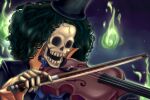  1boy absurdres afro ascot black_hair black_hat blue_ascot bow_(music) brook_(one_piece) commentary english_commentary hat highres holding holding_bow_(music) holding_instrument instrument male_focus music one_piece open_mouth playing_instrument signature skeleton solo top_hat violin y3ssi 