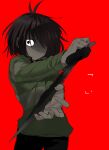  1other antenna_hair black_eyes black_pants brown_hair collared_shirt colored_skin combat_knife deltarune fingernails foreshortening green_sweater holding holding_knife knife komugiko_(bitte_komu) kris_(deltarune) long_sleeves looking_at_viewer medium_hair no_mouth no_pupils pants red_background shaded_face shirt solo striped_clothes striped_sweater sweater weapon yellow_skin yellow_sweater 