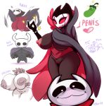 2023 2_horns anthro armor arthropod artist_name big_breasts black_body black_breasts black_chest black_eyes breasts brown_nipples bulge butt cloak clothing crossgender digital_drawing_(artwork) digital_media_(artwork) eyebrows eyelashes eyes_closed female flapping_wings genitals grimm_(hollow_knight) grimmchild_(hollow_knight) grin group hair heart_symbol heavy_breasts holding_breast hollow_knight horn hornet_(hollow_knight) huge_breasts insect karakylia looking_at_viewer male markings mole_(marking) motion_lines mouthless muscular muscular_male nipples number pink_nipples plant profanity pupils purple_text pussy question_mark red_eyes red_text smile sparkles team_cherry text the_knight_(hollow_knight) thick_thighs vessel_(species) white_pupils wings