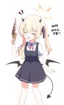  1girl absurdres black_dress black_horns black_tail black_wings blonde_hair blue_archive blush closed_eyes collared_shirt demon_horns demon_tail demon_wings dress feet_out_of_frame food halo highres holding holding_food horns ibuki_(blue_archive) ice_cream kiroshi long_hair open_mouth pinafore_dress pointy_ears shirt short_sleeves side_ponytail sleeveless sleeveless_dress smile solo tail white_shirt wings yellow_halo 
