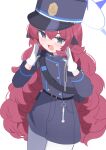  :d absurdres anma21 blue_archive charm_(object) cosplay gloves grey_eyes halo hat highlander_twintails_conductor_(blue_archive) highlander_twintails_conductor_(blue_archive)_(cosplay) highres iroha_(blue_archive) military_hat military_uniform red_hair shorts smile tagme uniform white_gloves 