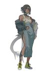  1girl absurdres au_ra blue_skirt breasts brown_eyes brown_hair collar converse dark-skinned_female dark_skin dragon_horns dragon_tail final_fantasy final_fantasy_xiv full_body head_tilt high-waist_skirt highres horns looking_at_viewer medium_breasts off_shoulder scales shoes short_hair skirt sleeves_past_wrists smile sneakers solo somersaultdropkick tail tank_top warrior_of_light_(ff14) white_background white_collar white_tank_top yellow_footwear 