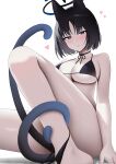  1girl animal_ears ass bare_arms bare_legs bare_shoulders bikini bikini_bottom_around_leg black_bikini black_eyes black_hair blue_archive blue_halo blush breasts cat_ears cat_tail collarbone halo heart highres kikyou_(blue_archive) large_breasts looking_at_viewer multiple_tails parted_lips picter short_hair solo swimsuit tail two_tails 