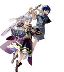  1boy 1girl aged_down attack black_coat black_gloves blue_eyes blue_hair book braid chrom_(child)_(fire_emblem) chrom_(fire_emblem) coat fingerless_gloves fire_emblem fire_emblem_awakening fire_emblem_heroes gloves grey_eyes highres holding holding_book holding_sword holding_weapon non-web_source open_book robin_(female)_(child)_(fire_emblem) robin_(female)_(fire_emblem) robin_(fire_emblem) swing sword twintails v-shaped_eyebrows weapon white_hair 