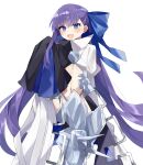  1girl armor blue_eyes blush breasts fate/grand_order fate_(series) hair_ribbon highres juliet_sleeves long_hair long_sleeves looking_at_viewer meltryllis_(fate) meltryllis_(third_ascension)_(fate) navel ooo00_cha puffy_sleeves purple_hair revealing_clothes ribbon simple_background sleeves_past_fingers sleeves_past_wrists small_breasts smile solo very_long_hair white_background white_ribbon 