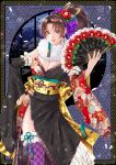  1girl asymmetrical_sleeves black_kimono bow breasts brown_eyes brown_hair cleavage commentary_request contrapposto detached_sleeves earrings fatal_fury floral_print flower folding_fan fur_scarf hair_bow hair_flower hair_ornament hand_fan hand_on_own_hip high_ponytail holding holding_fan japanese_clothes jewelry kimono large_breasts long_hair mismatched_sleeves mito_amatsu parted_bangs parted_lips petals ponytail purple_thighhighs red_nails shiranui_mai smile solo the_king_of_fighters thighhighs wide_sleeves yukata 