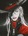  1boy black_hat bullet_in_mouth crovius ear_piercing hair_over_one_eye highres honkai:_star_rail honkai_(series) jacket light_frown long_hair looking_at_viewer male_focus multicolored_hair open_mouth piercing portrait raised_eyebrow red_eyes sharp_teeth simple_background solo split-color_hair teeth tongue two-tone_hair white_hair zipper 