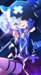  1girl amane_kanata amane_kanata_(punk_rock) bad_kim black_jacket blue_eyes blue_hair blue_nails blurry blush character_print commentary crossed_bangs depth_of_field grey_hair hair_between_eyes hand_in_pocket hand_up heart_o-ring highres hololive hood hood_up hooded_jacket jacket long_hair long_sleeves looking_at_viewer multicolored_hair open_clothes open_jacket open_mouth self_character_print shirt smile solo streaked_hair symbol-only_commentary teeth thigh_strap virtual_youtuber white_shirt 