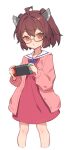  1girl ahoge bespectacled brown_hair buttons cardigan closed_mouth cropped_legs dress feet_out_of_frame glasses hair_between_eyes handheld_game_console headgear highres holding holding_handheld_game_console long_sleeves looking_at_viewer nintendo_switch open_cardigan open_clothes orange_eyes pink_cardigan red-framed_eyewear red_dress sailor_collar sailor_dress short_hair simple_background solo touhoku_kiritan voiceroid white_background white_sailor_collar yamamomo_(plank) 
