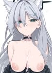  1girl aged_up animal_ear_fluff animal_ears binsen blue_archive blue_eyes breasts choker cum cum_on_body cum_on_breasts hair_between_eyes hair_ornament hair_over_one_eye hairclip halo highres large_breasts sagging_breasts shiroko_(blue_archive) shiroko_terror_(blue_archive) simple_background white_background wolf_ears 