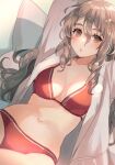  1girl :o alternate_costume arm_up bikini breasts brown_eyes brown_hair cleavage commentary_request drill_hair hair_between_eyes highres kantai_collection kasumi_(skchkko) large_breasts long_hair looking_at_viewer navel open_clothes open_mouth open_shirt pola_(kancolle) red_bikini shirt solo stomach swimsuit tagme white_shirt 