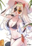  1girl animal_ears bikini black_bikini black_eyes black_hair braid breasts cat_ears cat_tail etivka furry furry_female grey_fur haru_(etivka) hat highres long_hair medium_breasts multicolored_fur multicolored_hair multicolored_tail multiple_tails navel open_mouth original solo stomach swimsuit tail twin_braids white_hair white_hat white_tail 