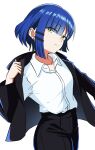  1girl alternate_costume benjamin_(user_cajx4852) black_jacket black_pants black_suit blue_hair blush bocchi_the_rock! closed_mouth earrings eyes_visible_through_hair formal hair_ornament hairclip highres holding holding_clothes jacket jewelry looking_at_viewer mole mole_under_eye nose_blush open_clothes open_jacket pants shirt short_hair simple_background solo suit suit_jacket white_background white_shirt yamada_ryo yellow_eyes 