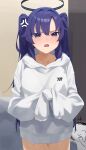  1girl 1other :o absurdres anger_vein blue_archive blush collarbone commentary cowboy_shot doodle_sensei_(blue_archive) halo highres hood hoodie indoors looking_at_viewer mm_(mhm2592) no_pants purple_hair sensei_(blue_archive) tied_sleeves two_side_up white_hoodie yuuka_(blue_archive) 
